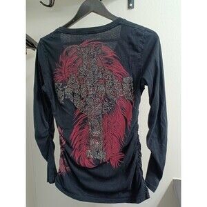 Affliction Shirt Women medium M y2k Ruched wings Feather cross punk Black Vtg